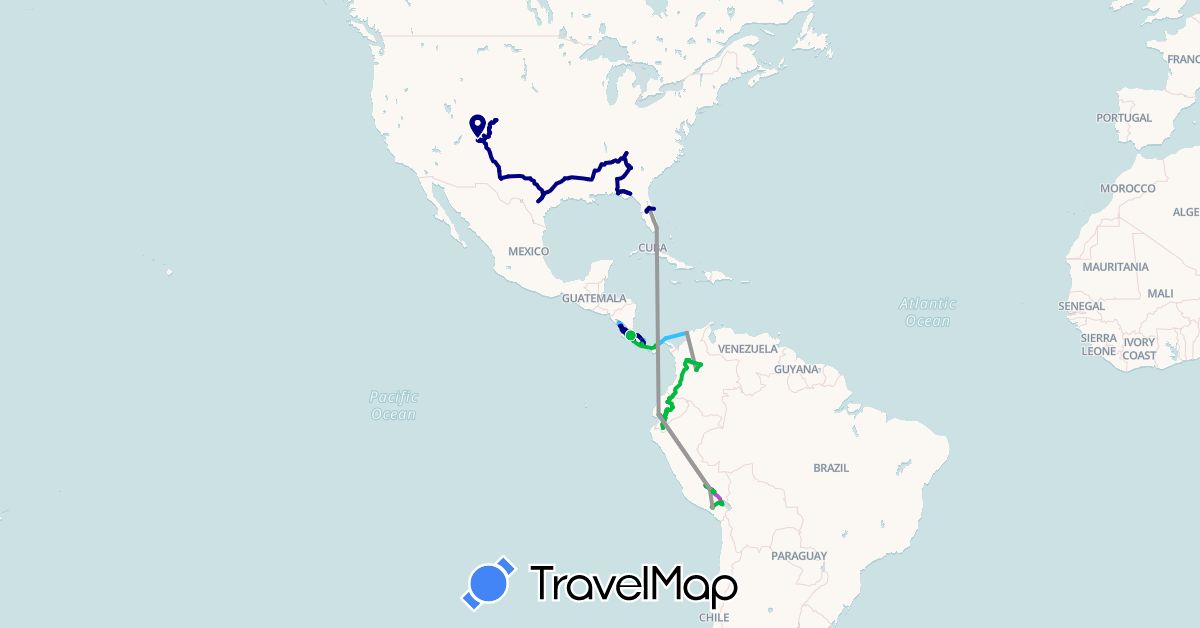 TravelMap itinerary: driving, bus, plane, train, boat in Colombia, Costa Rica, Ecuador, Nicaragua, Panama, Peru, United States (North America, South America)